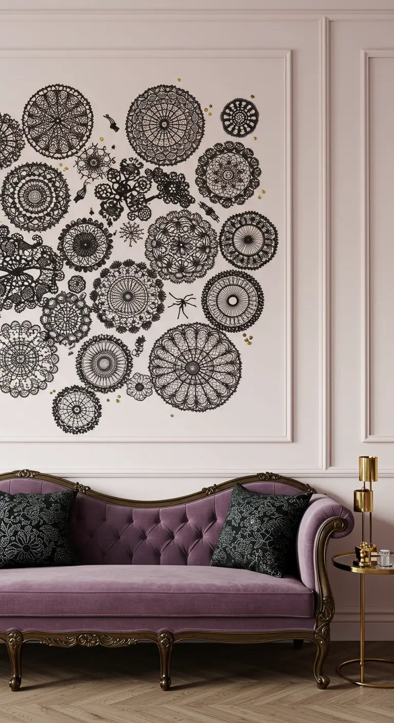 Une composition murale faite de napperons en dentelle noire de différentes tailles, au-dessus d'un canapé violet.