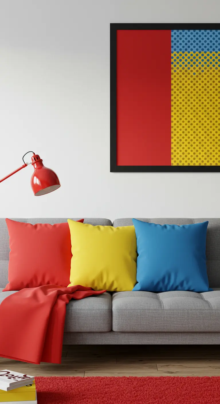 Canapé gris avec trois coussins unis : un rouge, un jaune et un bleu, dans un style pop art.