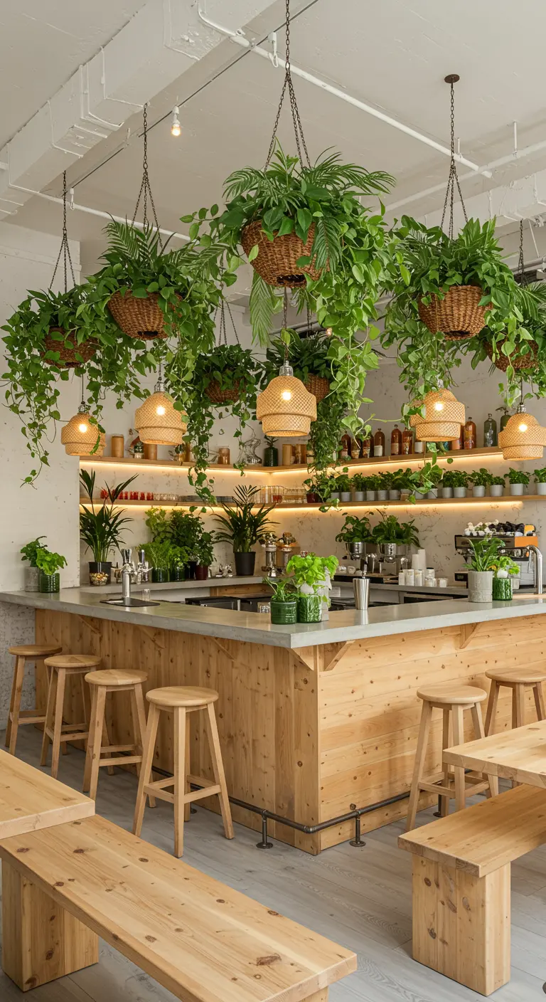 Comptoir de bar en bois clair avec tabourets, étagères remplies de plantes, plantes suspendues et luminaires en rotin.