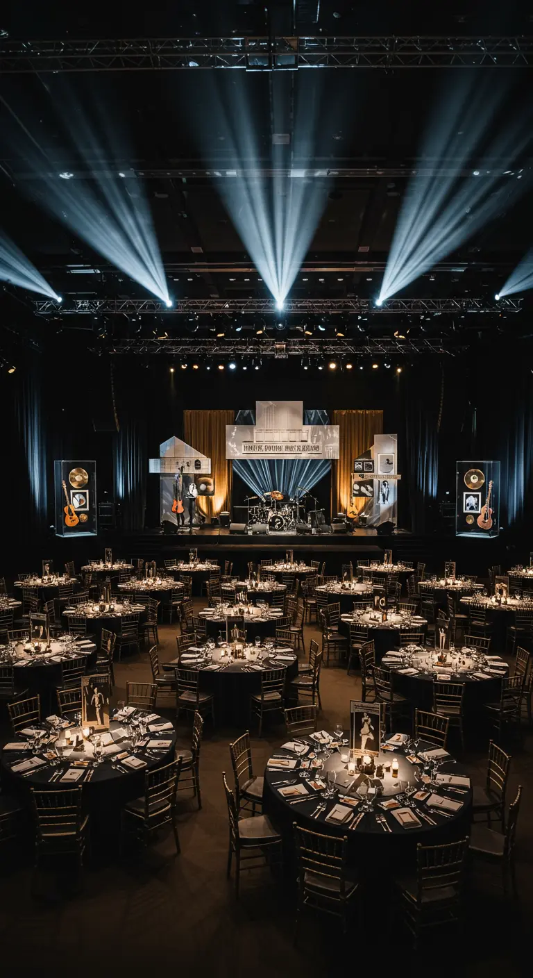 Grande salle de réception avec une scène et des spots lumineux.
