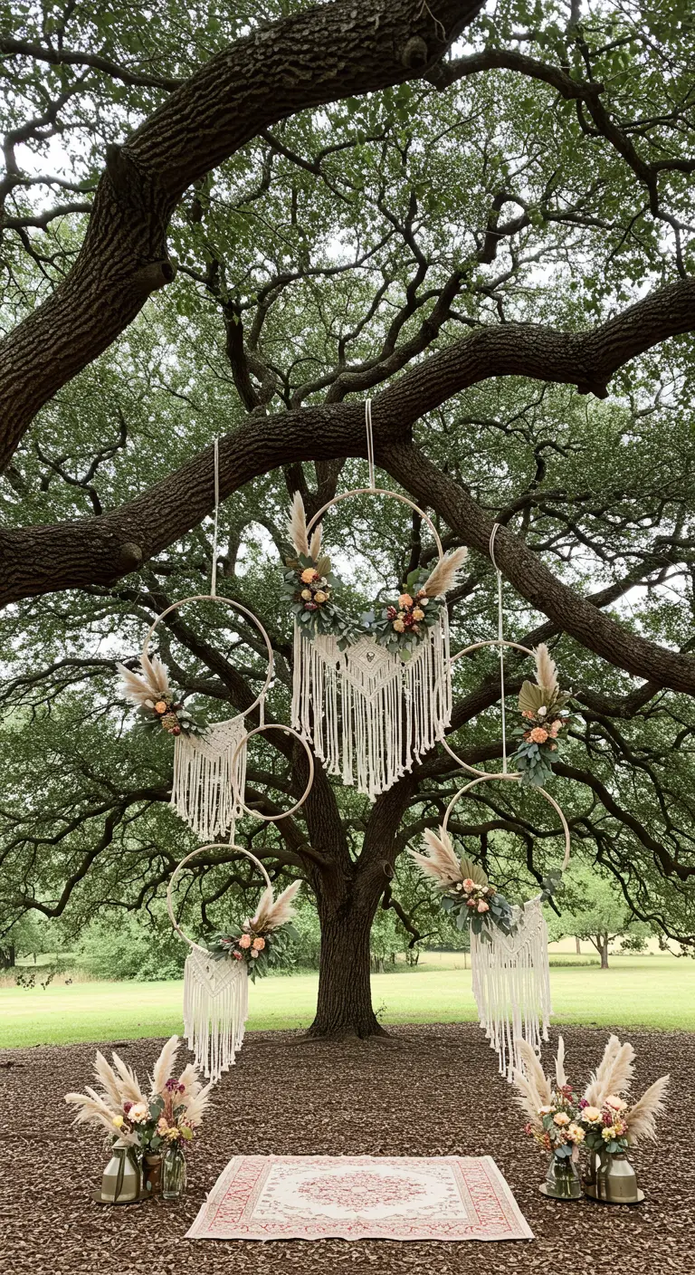 Plusieurs cerceaux décorés de macramé et de fleurs suspendus à un grand chêne.