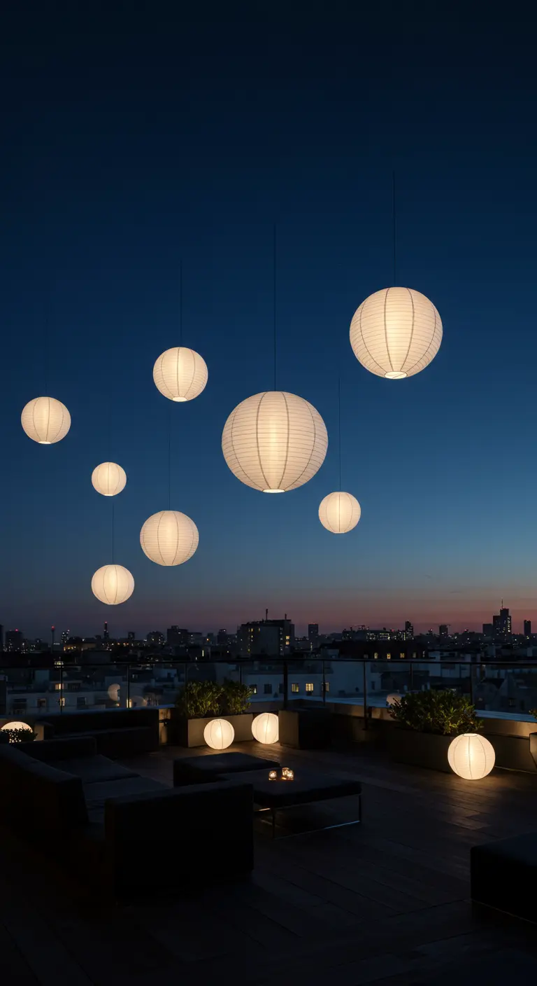 Terrasse sur un toit de nuit, éclairée par de nombreux lampions en papier blanc suspendus.