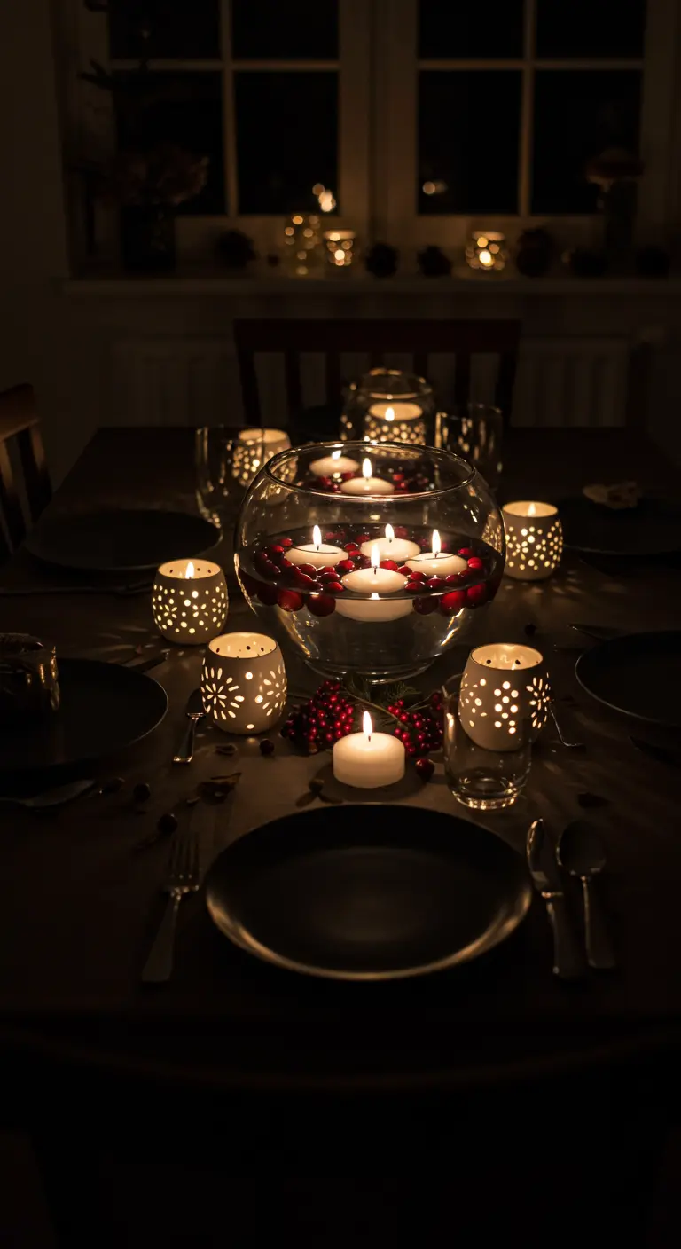 Table de fête dans le noir, illuminée par des bougies flottantes dans un grand bol d'eau et des canneberges.