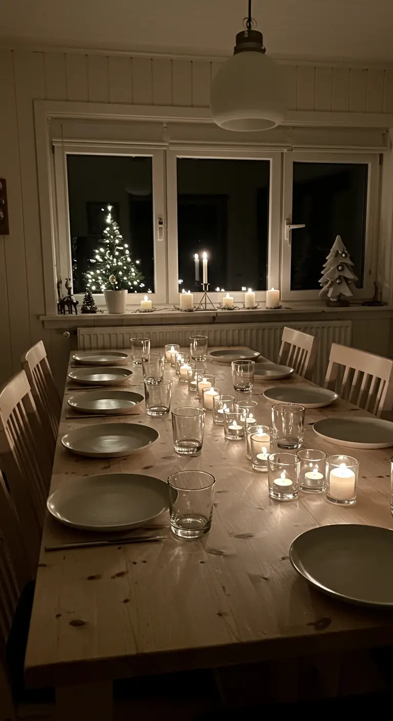 Longue table en bois illuminée par de nombreux photophores et bougies la nuit.