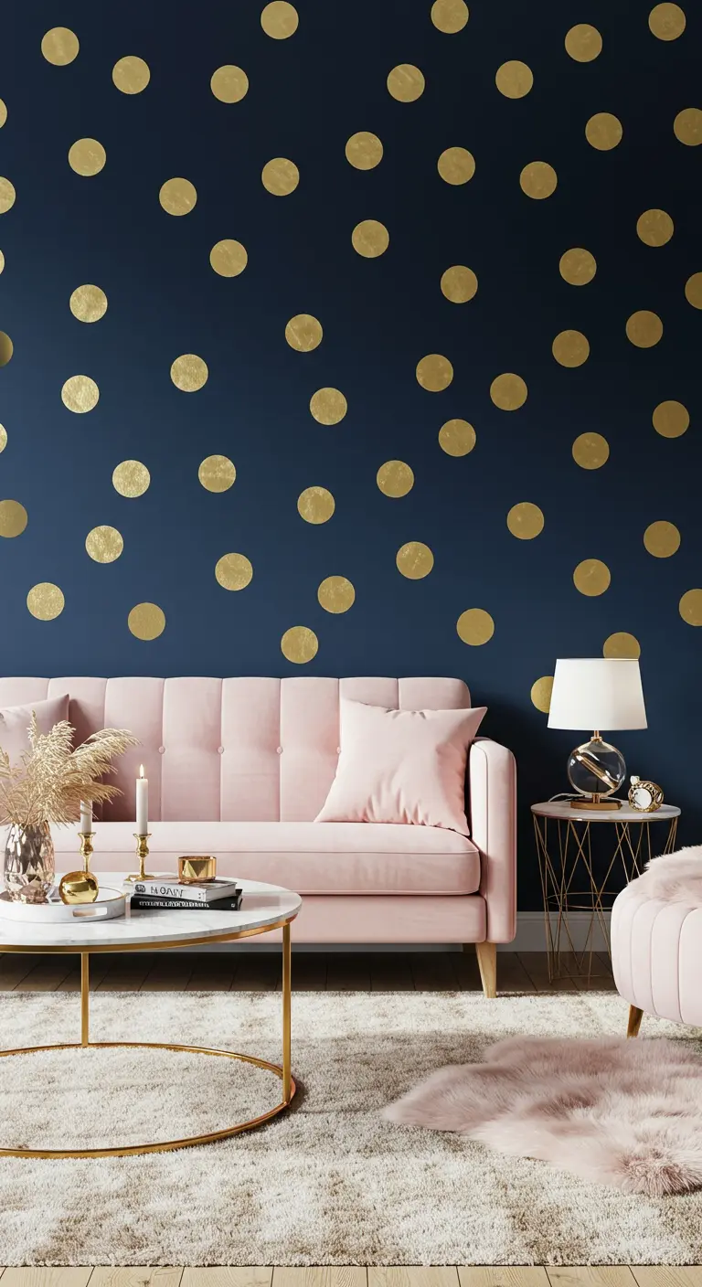 Mur bleu nuit parsemé de pois dorés derrière un canapé rose poudré.