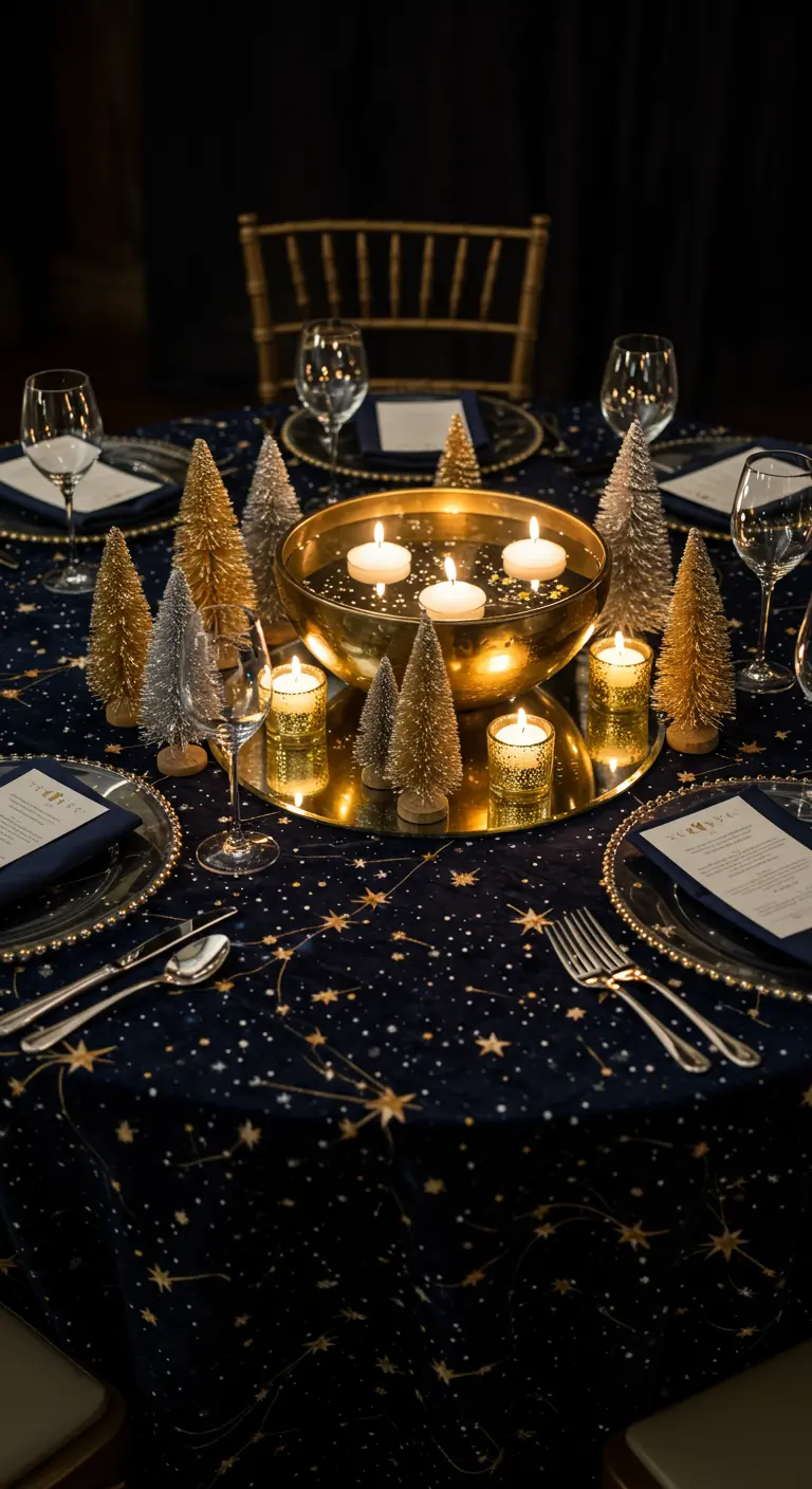 Centre de table avec un bol doré rempli d'eau et de bougies flottantes sur une nappe étoilée.