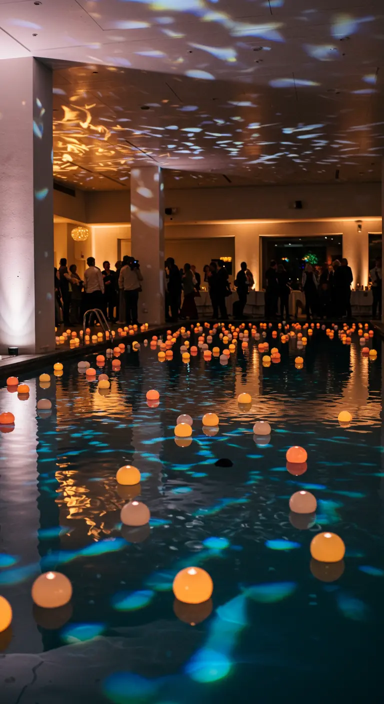 Piscine intérieure remplie de boules lumineuses flottantes de couleur chaude.