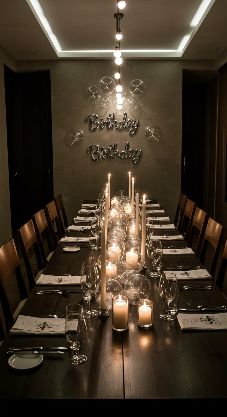Table de dîner sombre éclairée par des bougies et décorée de petits ballons transparents.