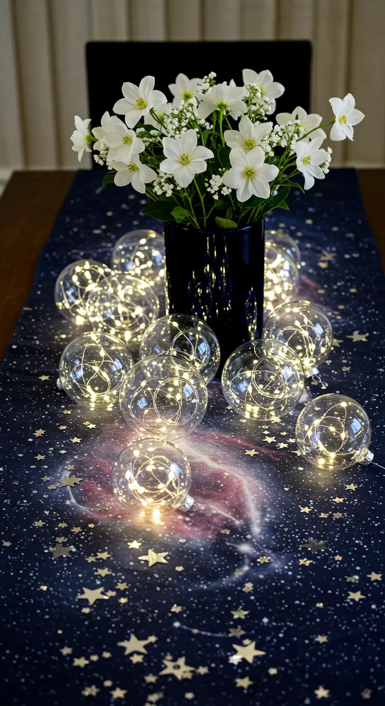 Centre de table avec boules lumineuses et vase de fleurs sur un chemin de table étoilé.
