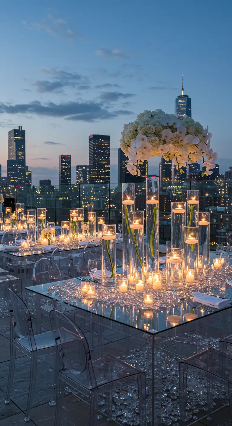 Table de réception sur un rooftop, vases cylindriques avec bougies flottantes et cristaux.