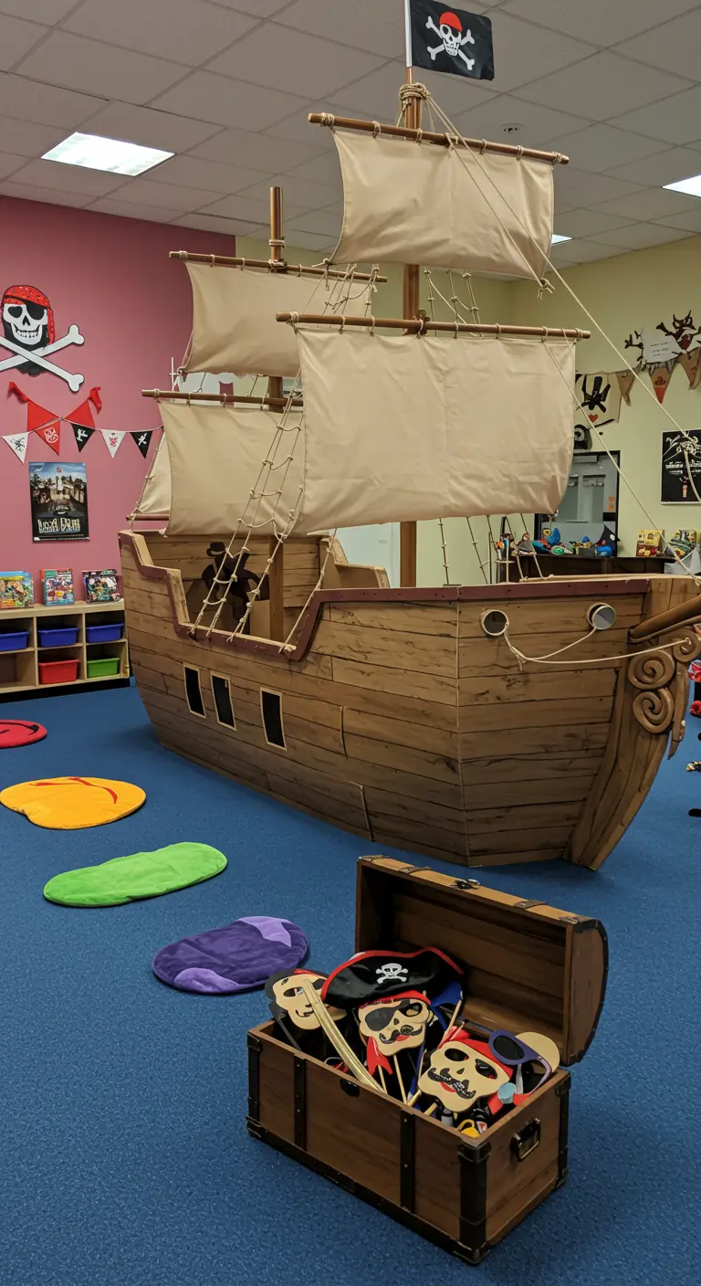 Grand bateau pirate en carton pour une aire de jeu d'enfants