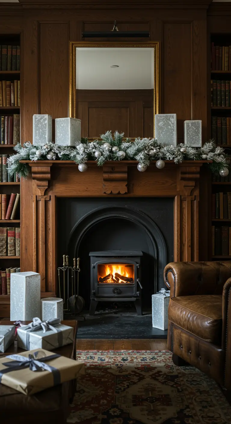 Cheminée en bois dans une bibliothèque, décorée pour l'hiver.