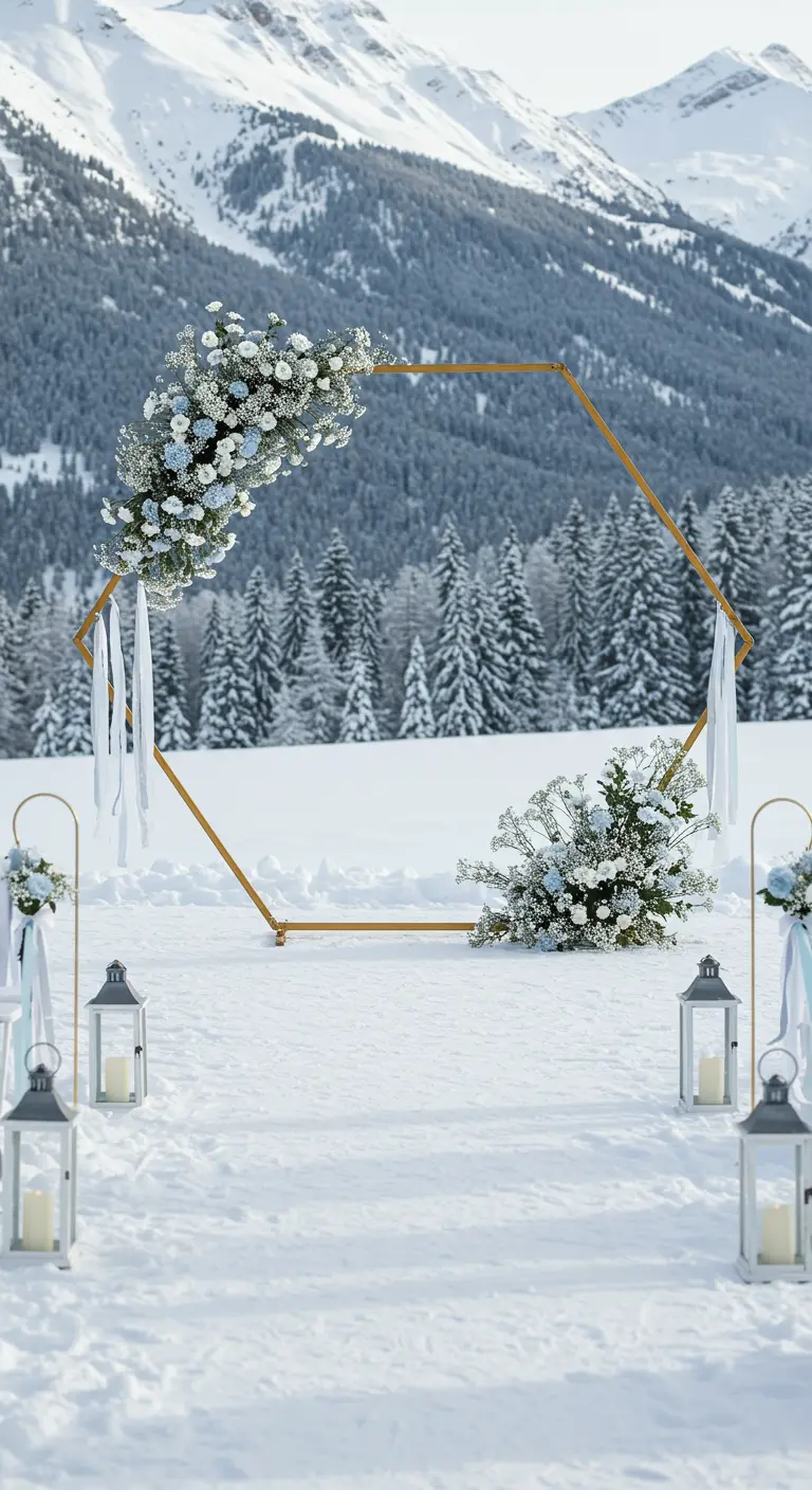 Arche de mariage hexagonale dorée dans la neige avec des fleurs bleues et blanches.