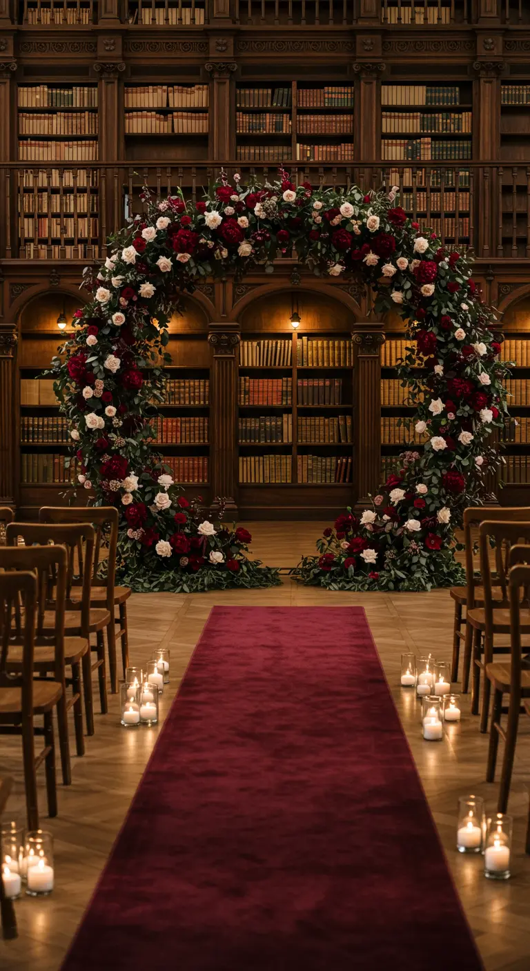 Arche florale circulaire rouge et blanche dans une bibliothèque ancienne.