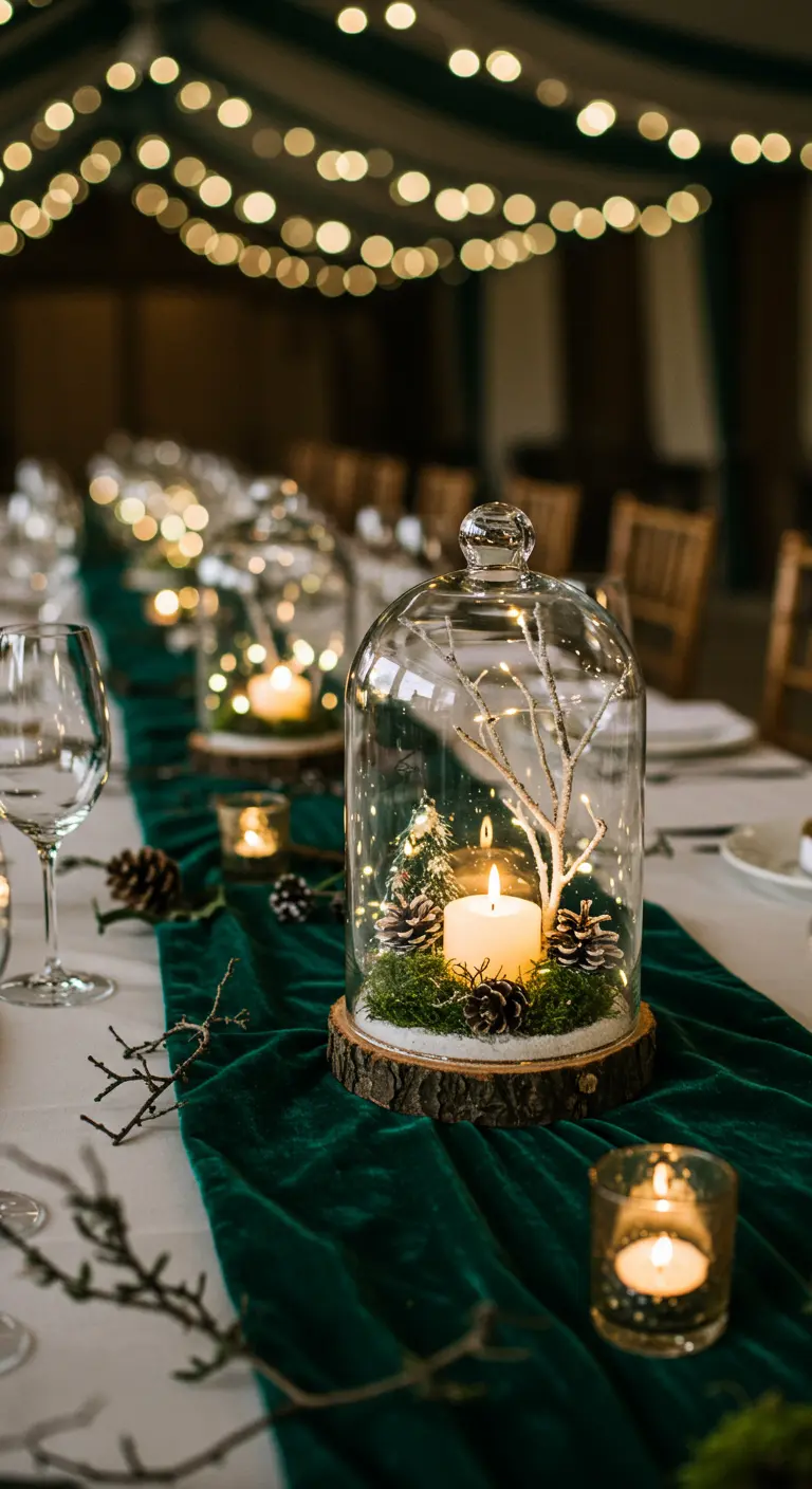 Cloche en verre contenant une bougie, de la neige artificielle et une guirlande lumineuse.