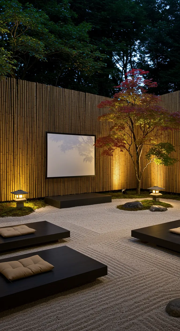 Jardin zen avec sable, lanternes en pierre et écran devant une palissade en bambou.