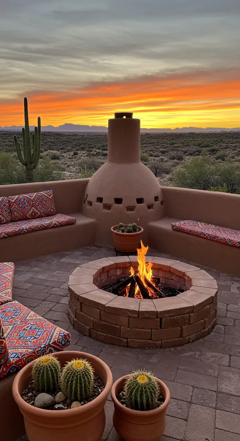 Terrasse adobe dans le désert avec banquettes en terre, coussins colorés, foyer en briques, et cactus.