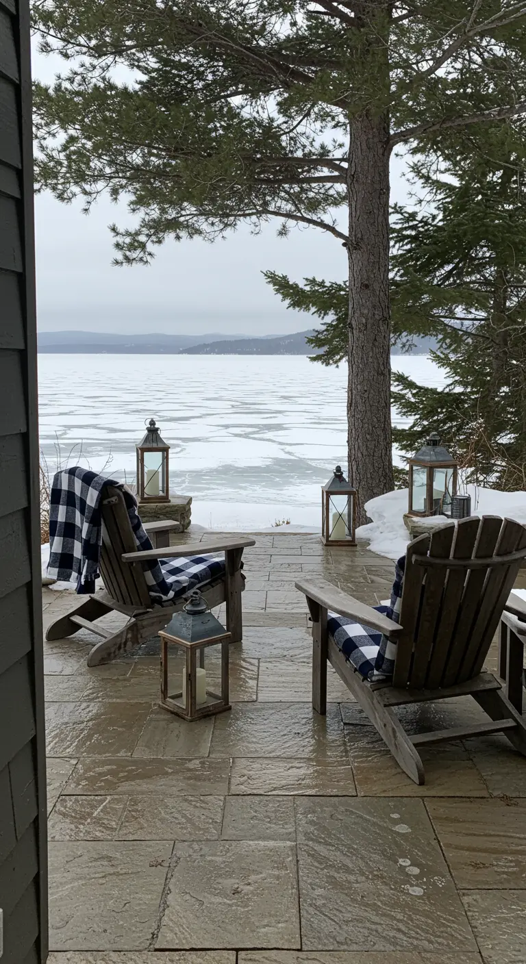 Chaises Adirondack avec des plaids face à un lac gelé, entourées de lanternes.