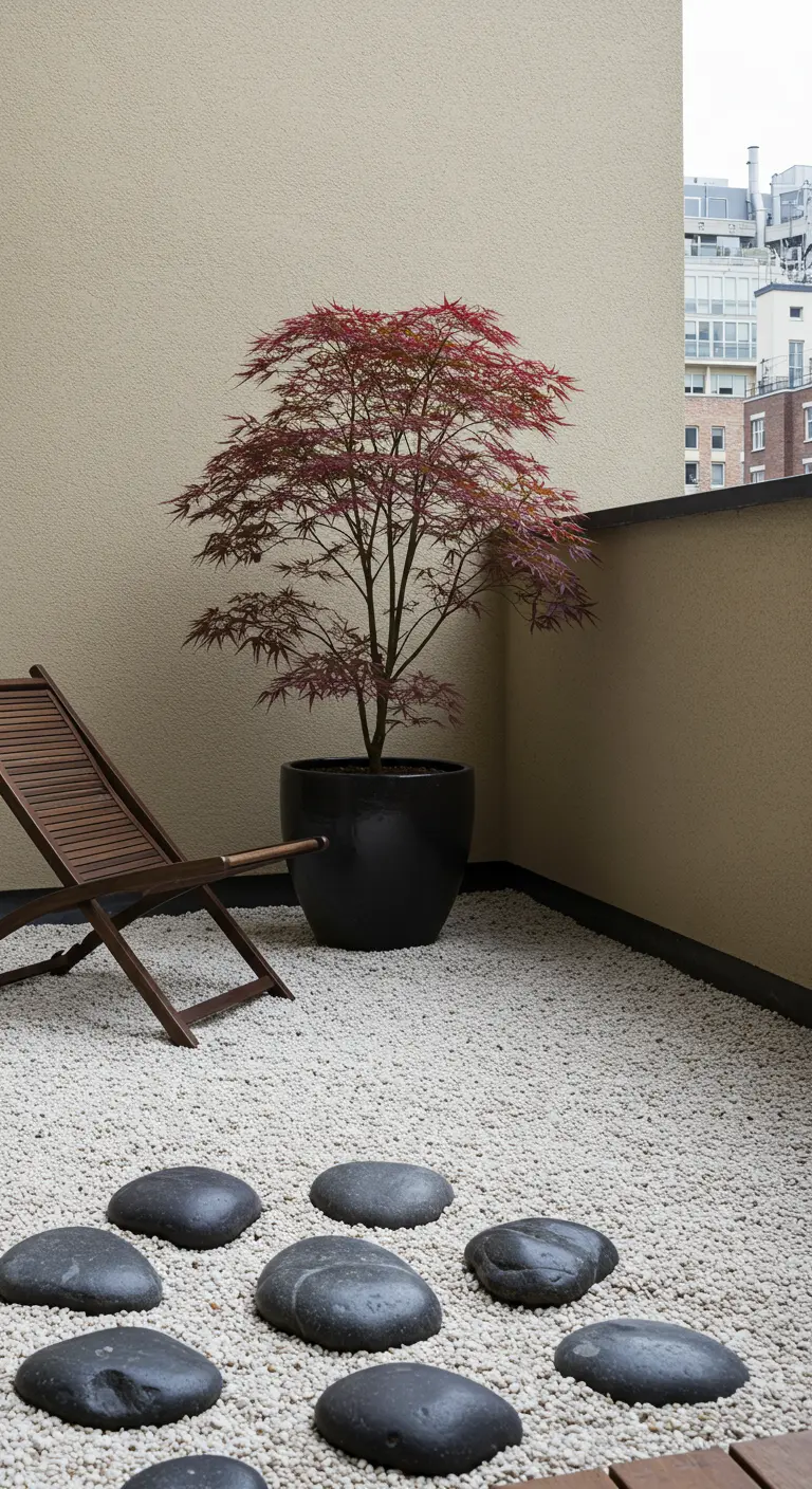 Chaise longue en bois dans un coin de terrasse d'inspiration japonaise.