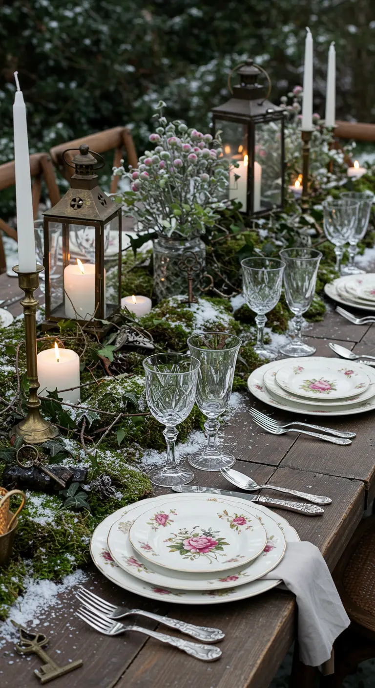 Table rustique en forêt avec de la mousse, des lanternes et de la vaisselle vintage.