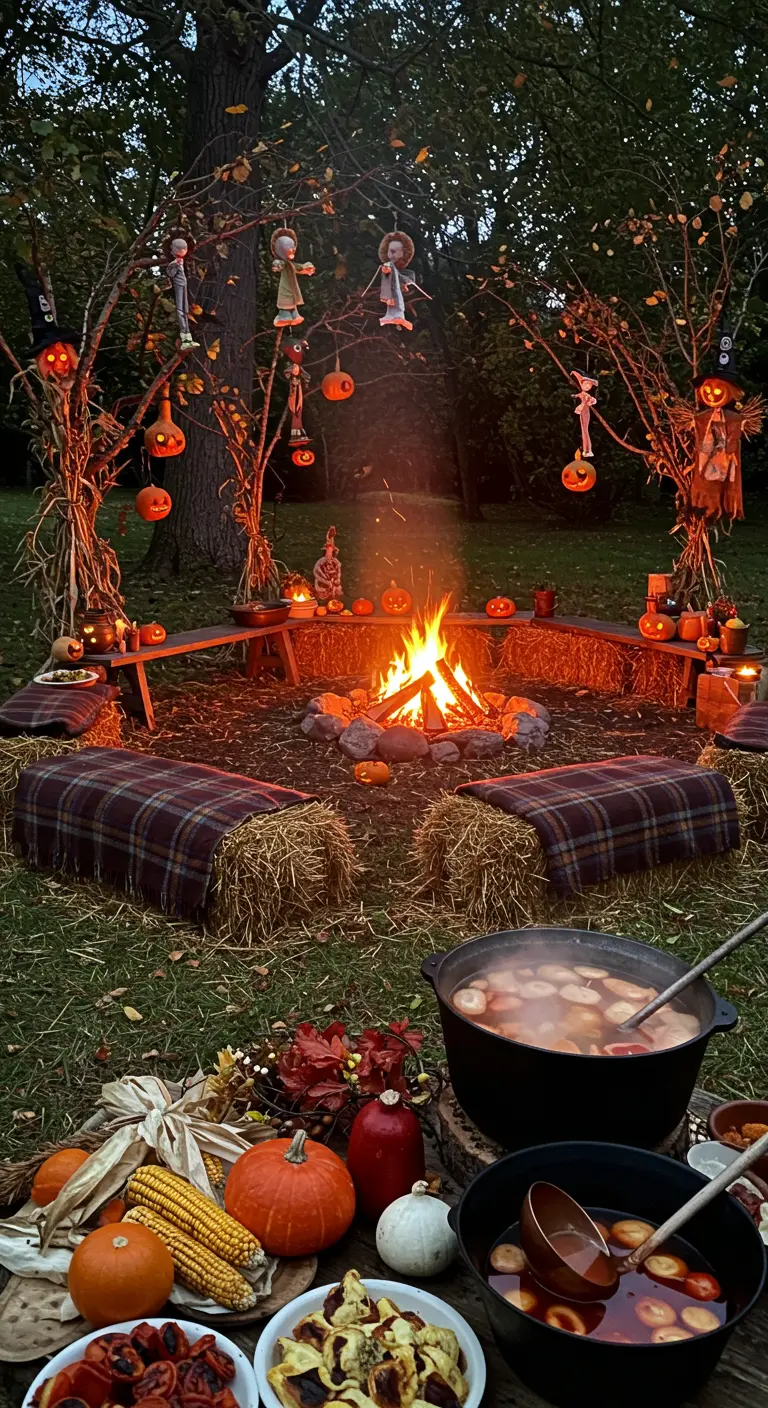 Scène de feu de camp d'Halloween avec poupées effrayantes suspendues et citrouilles.