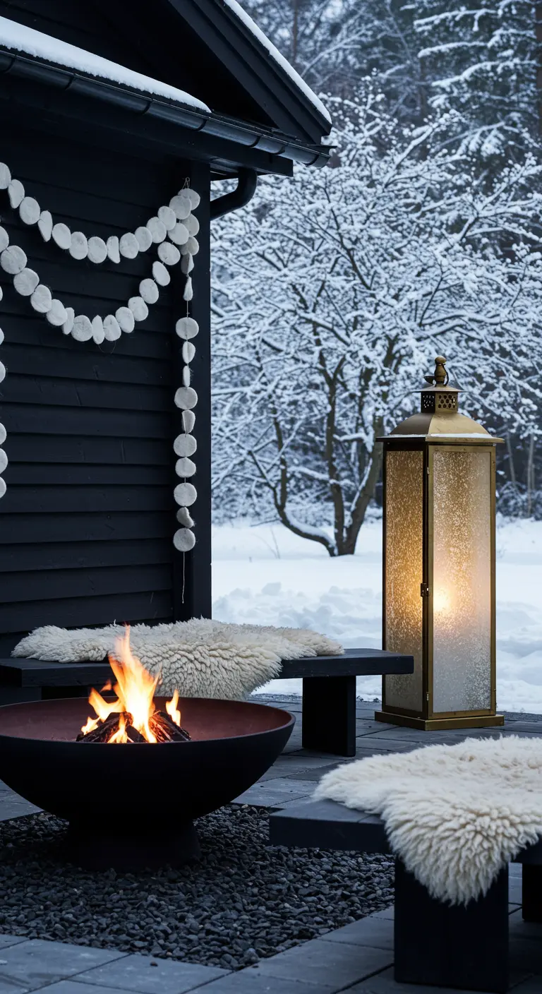 Terrasse moderne noire et blanche avec brasero, peaux de mouton et une guirlande blanche.