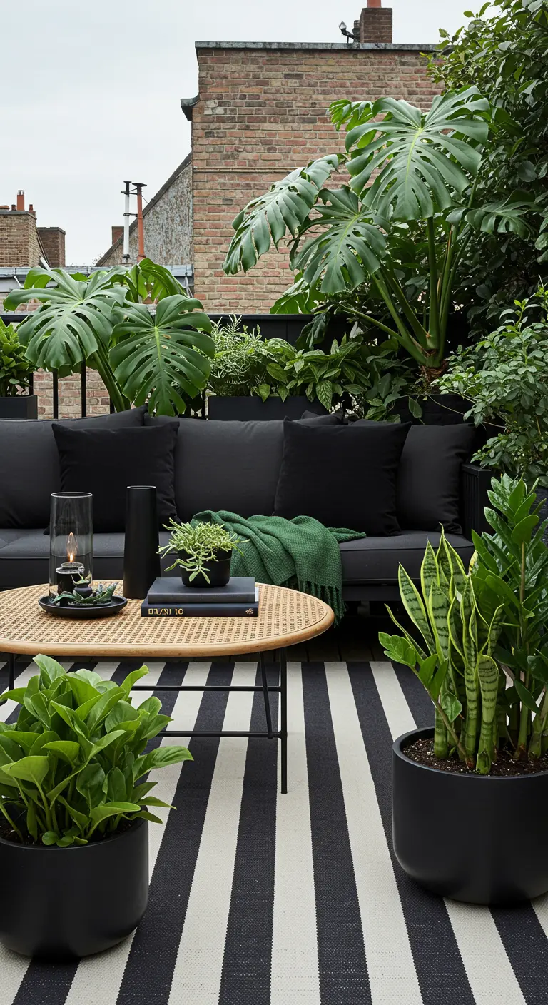 Canapé noir sur une terrasse avec un tapis à rayures noires et blanches et une grande plante Monstera.