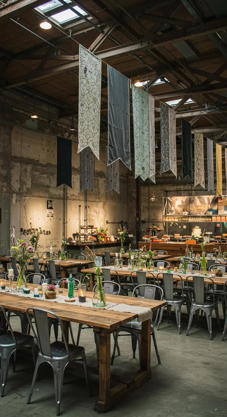 Salle de réception industrielle avec tables en bois, chaises métalliques et bannières en tissu.