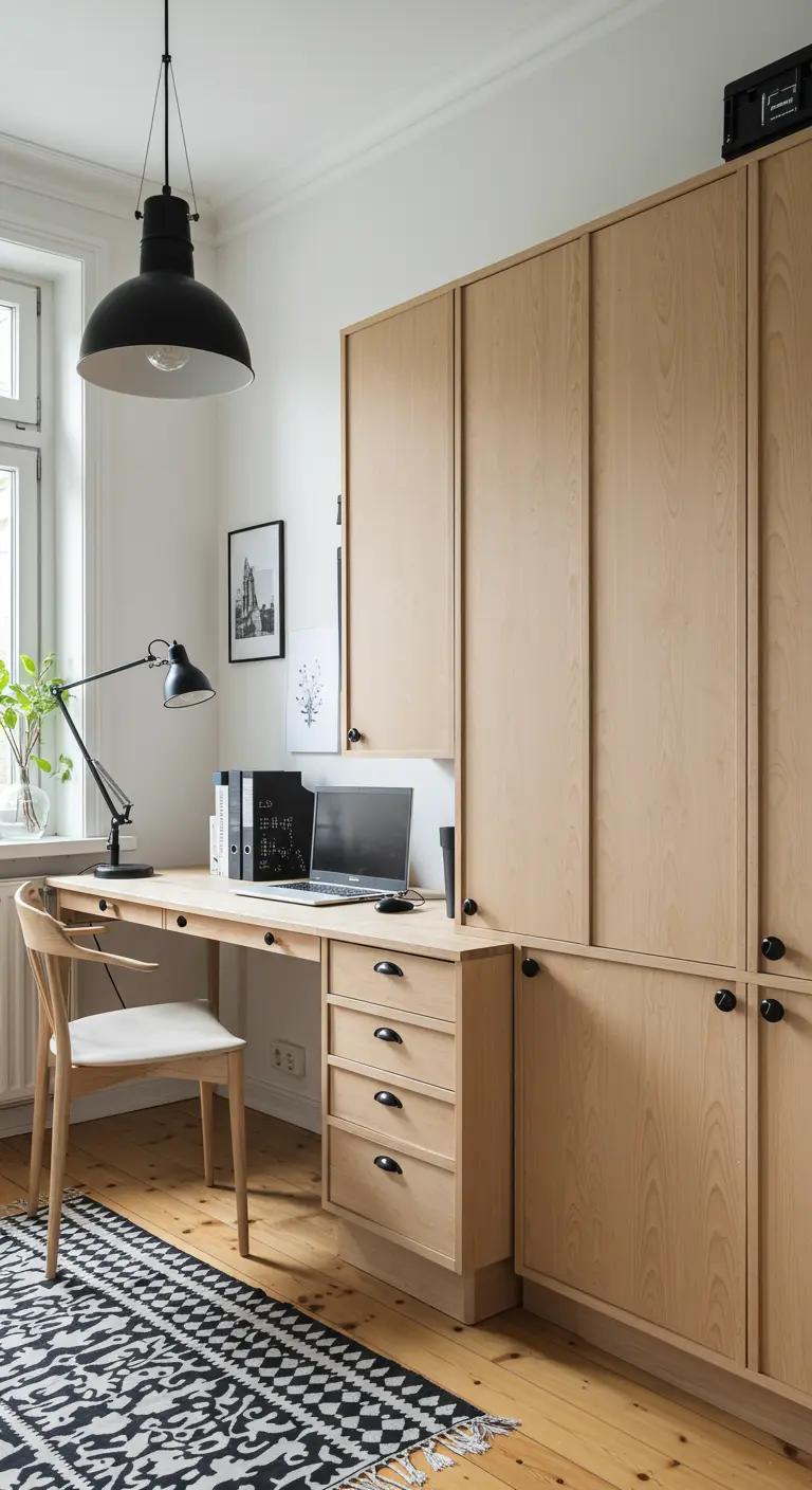 Bureau en bois clair intégré à une armoire avec des poignées noires contrastantes