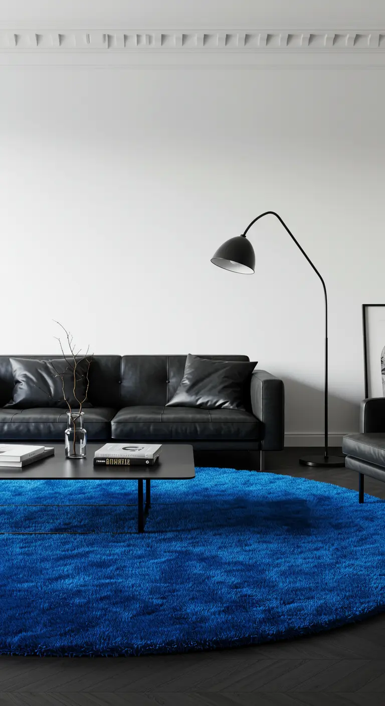 Canapé en cuir noir sur un tapis rond bleu vif dans un intérieur minimaliste.