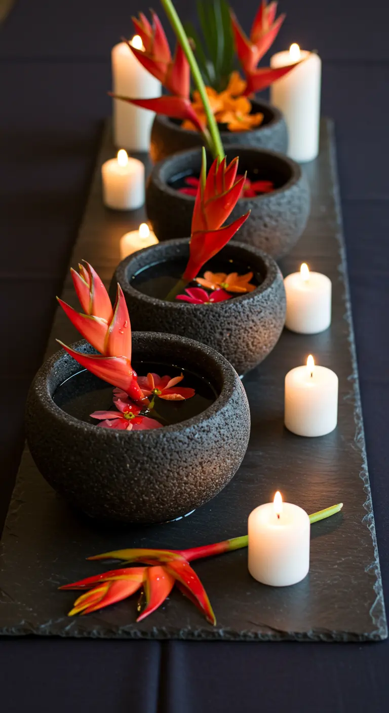 Centre de table avec bols noirs, fleurs rouges et bougies sur ardoise.