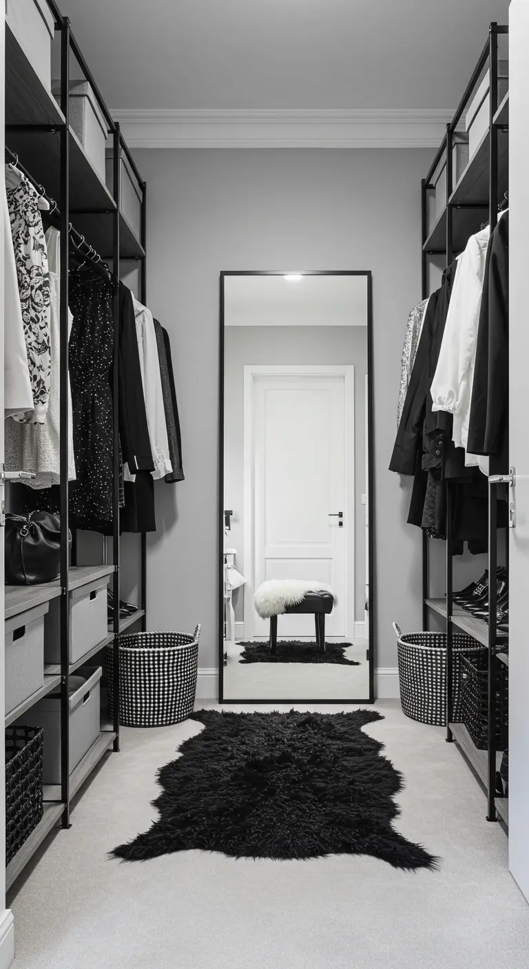 Dressing noir et blanc avec étagères métalliques, tapis en fausse fourrure noire et grand miroir.
