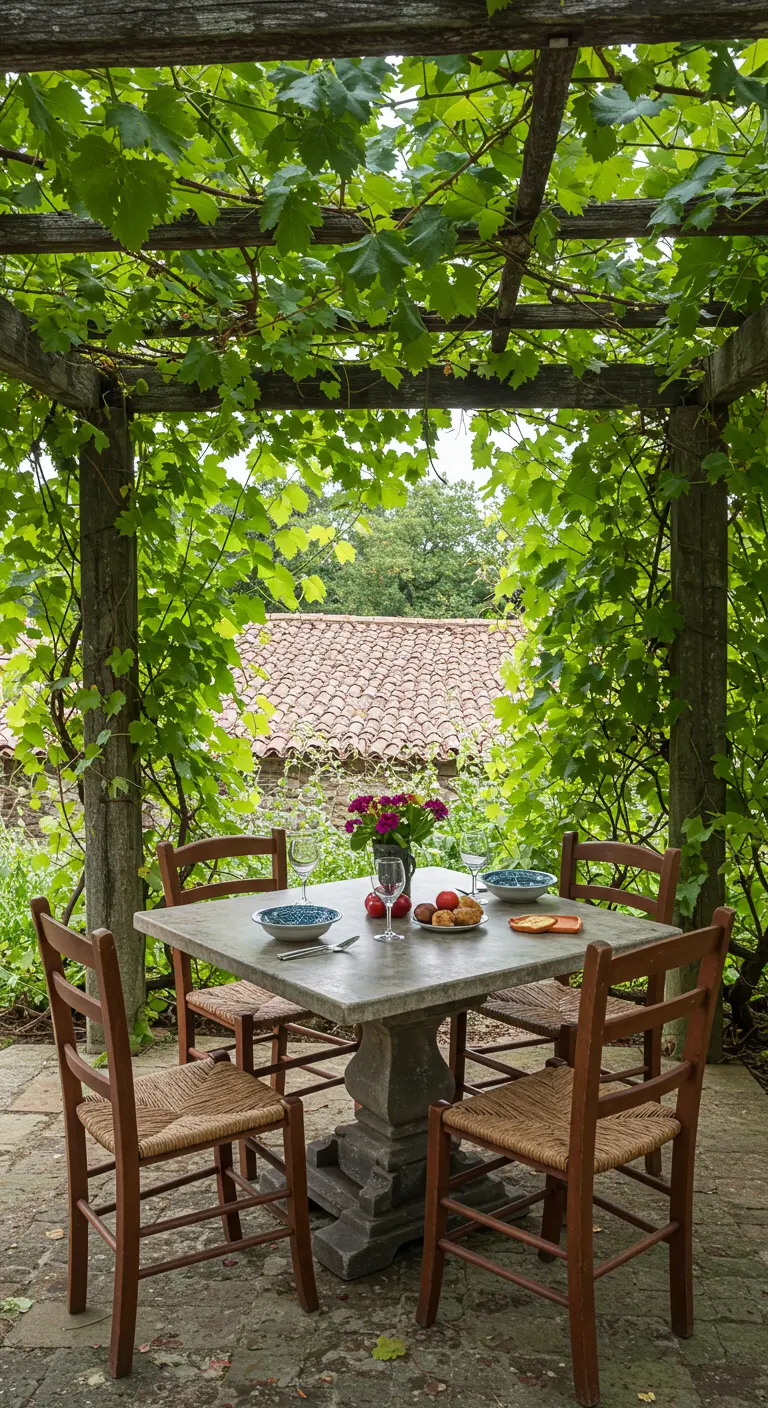 Petite table en pierre et chaises en bois sous une pergola couverte de vigne.