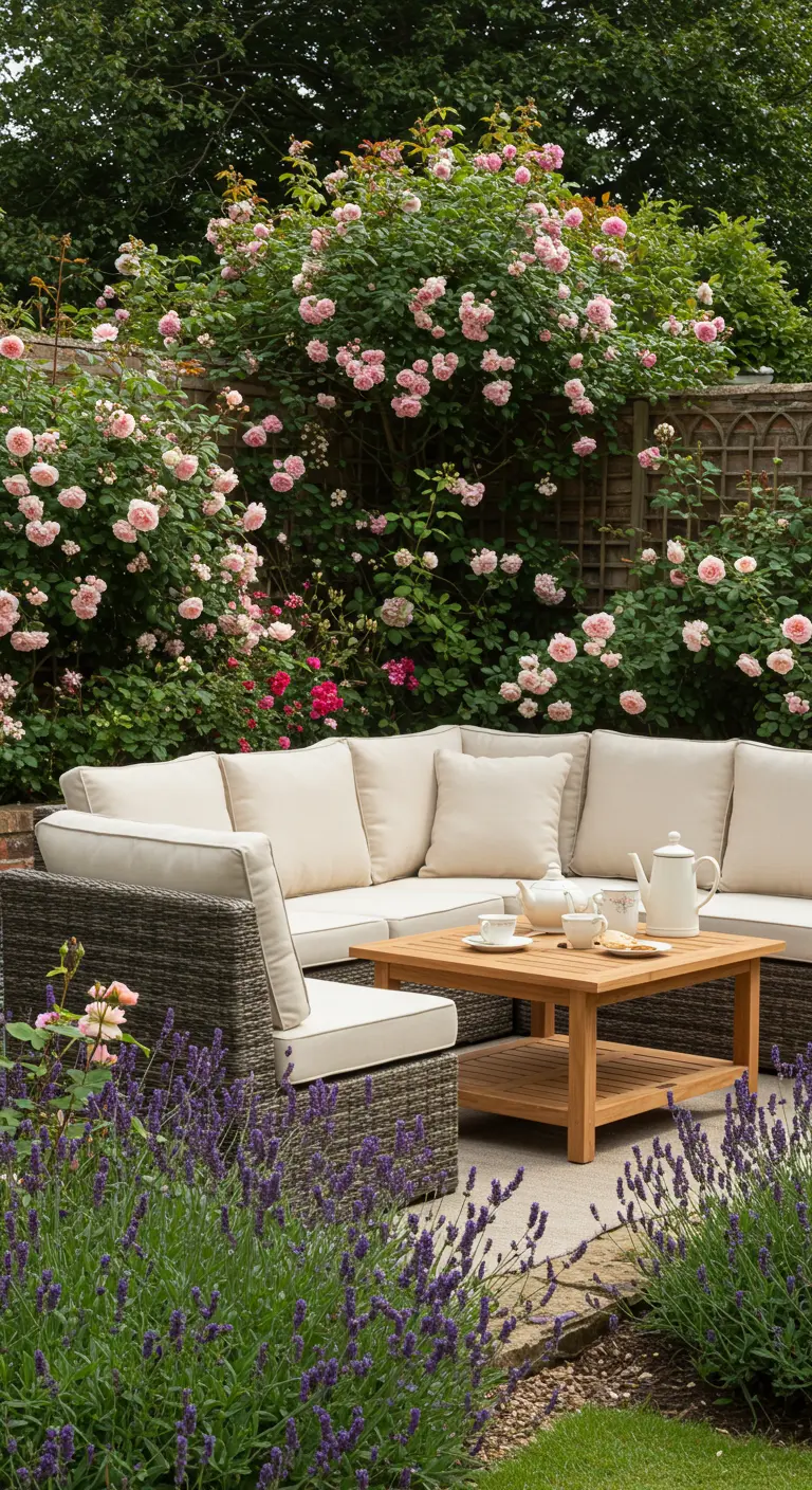 Salon de jardin en résine tressée avec coussins écrus devant un mur de roses.