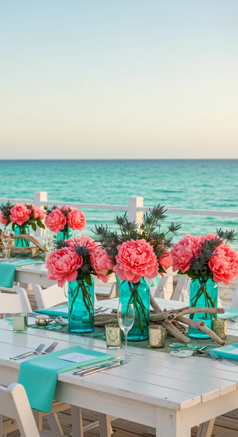 Pivoines corail dans des vases turquoise sur une table blanche face à la mer.