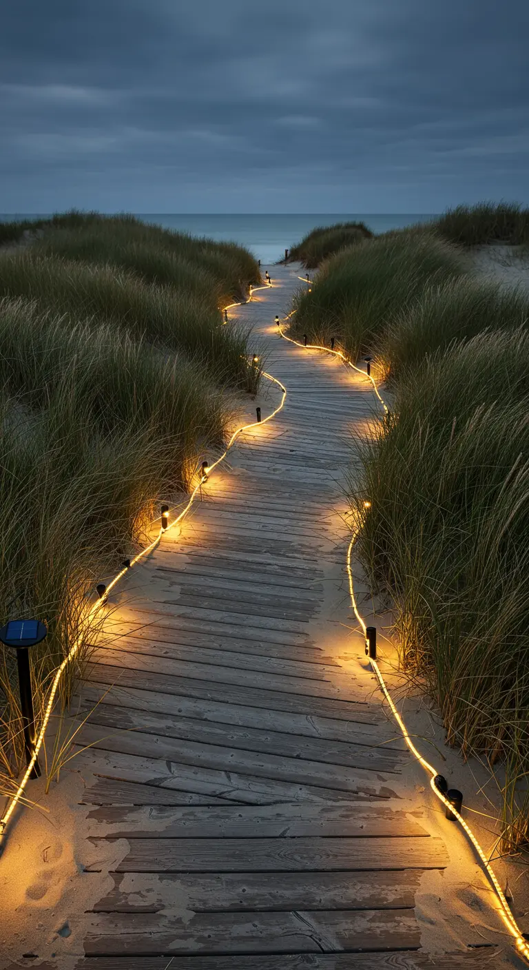 Chemin en bois sur une dune de sable, bordé par un cordon lumineux solaire.