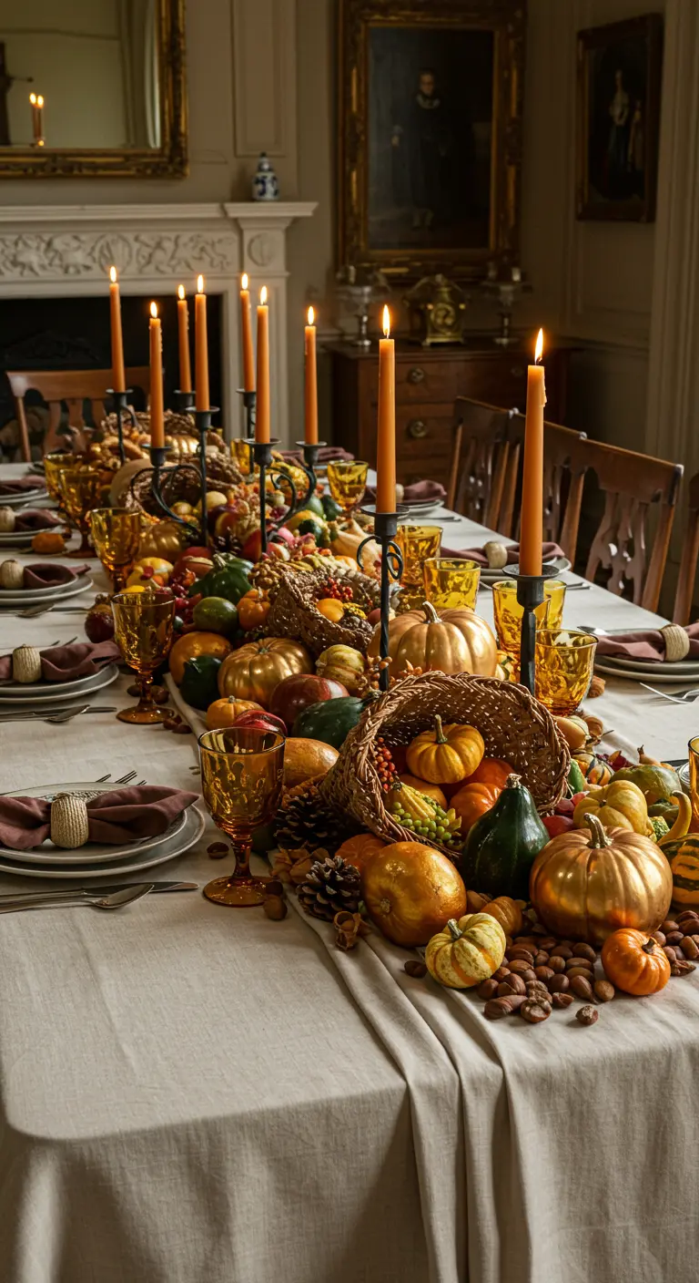 Une table de fête avec nappe beige, une corne d'abondance débordant de courges, fruits, noix et bougies ambrées.