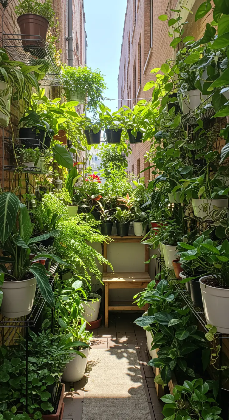 Balcon étroit et long, densément peuplé de plantes vertes en pot créant un effet de jungle.