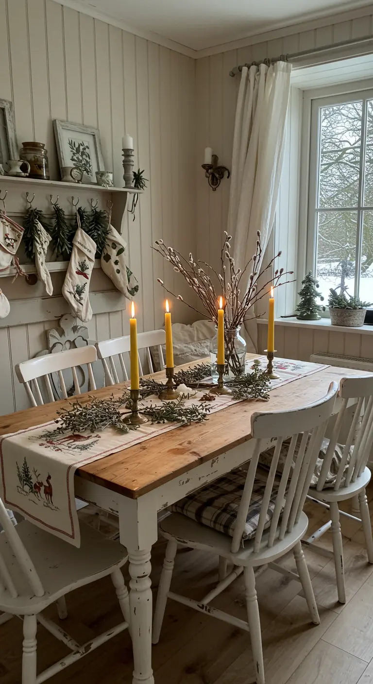Table de campagne avec chemin de table à motifs, verdure et branches de saule.