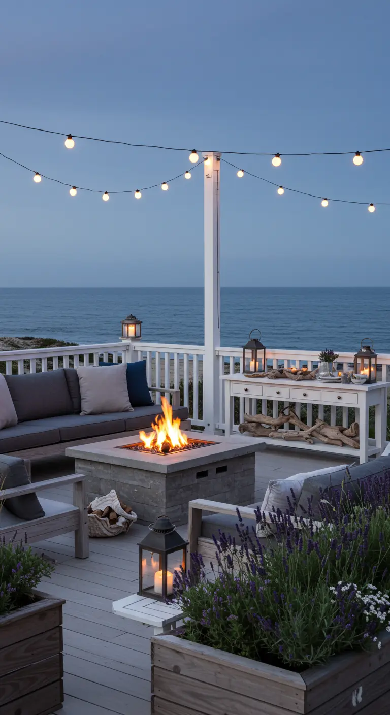 Terrasse en bois face à l'océan avec un brasero, des canapés gris et des guirlandes.