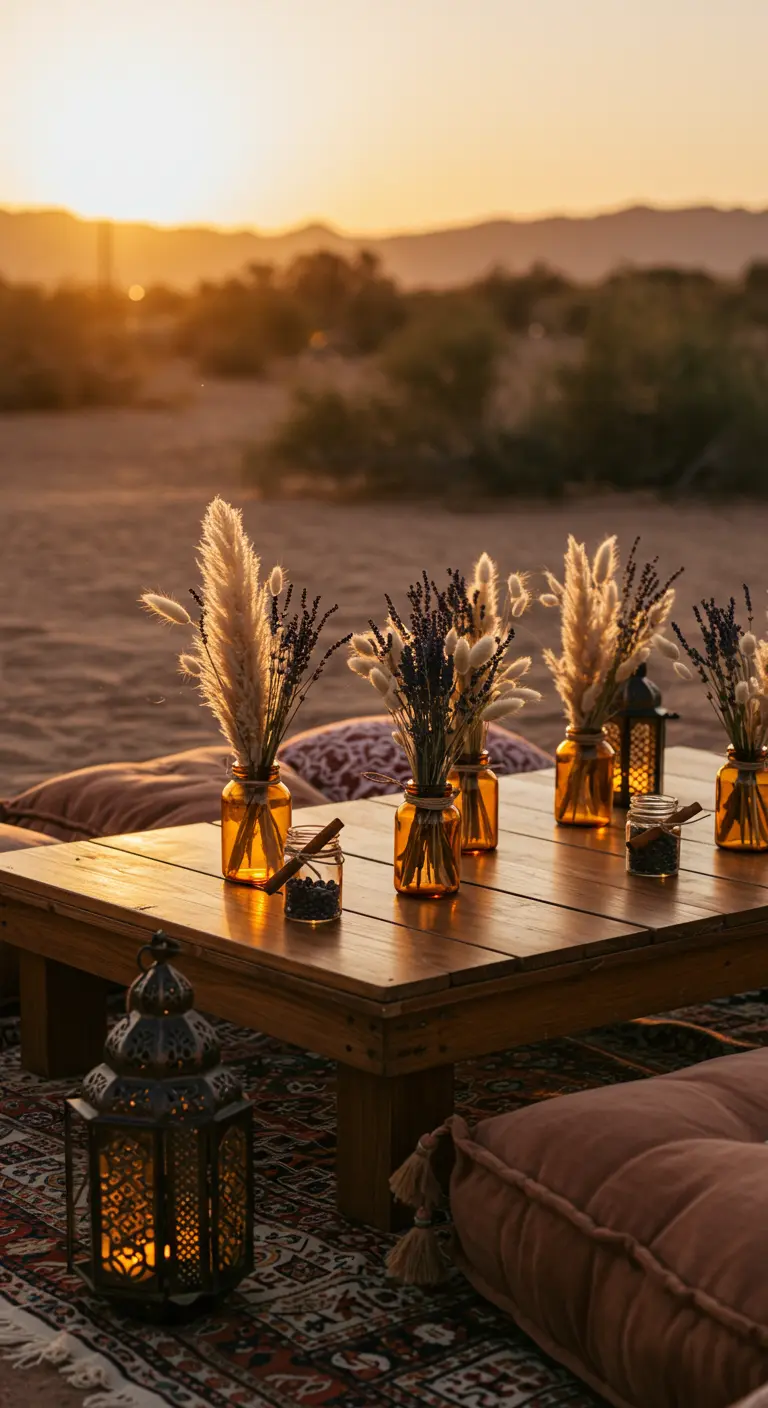Décor de fête bohème dans le désert avec des vases ambrés et des herbes séchées.
