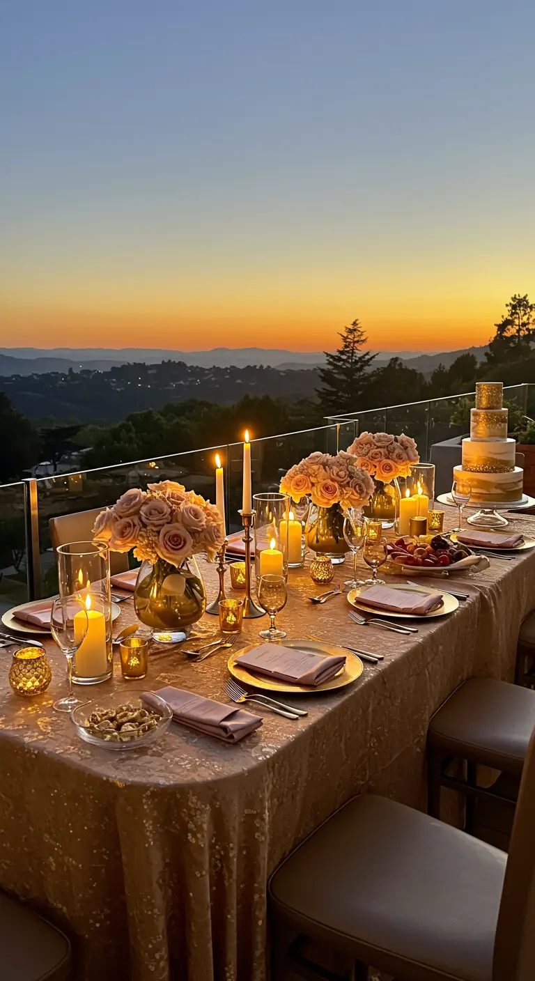 Table de dîner au coucher du soleil avec nappe dorée, bougies, roses pâles et gâteau à étages.