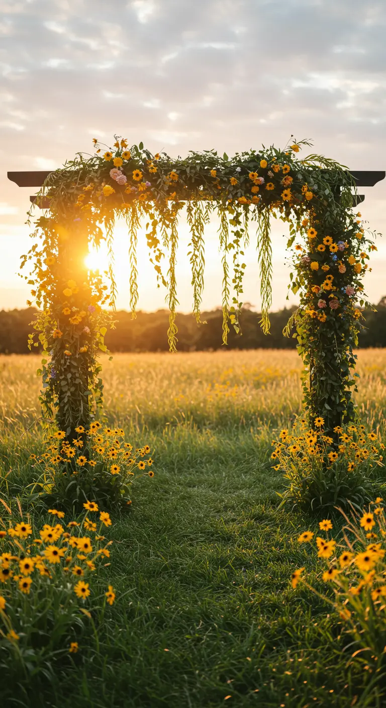 Arche florale avec des tournesols et du feuillage suspendu dans un champ au coucher du soleil.