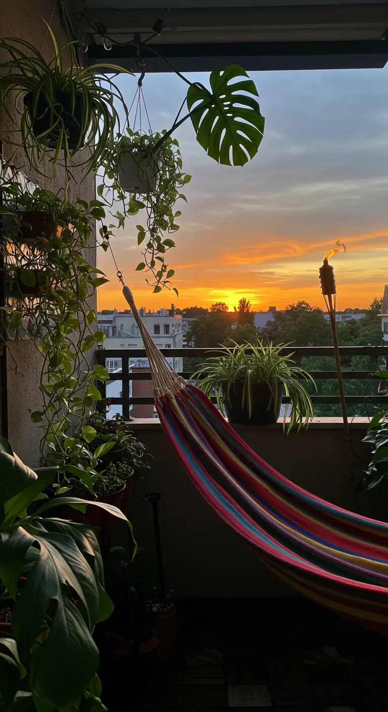 Balcon avec hamac coloré, plantes suspendues luxuriantes, torchère et vue sur le coucher de soleil.