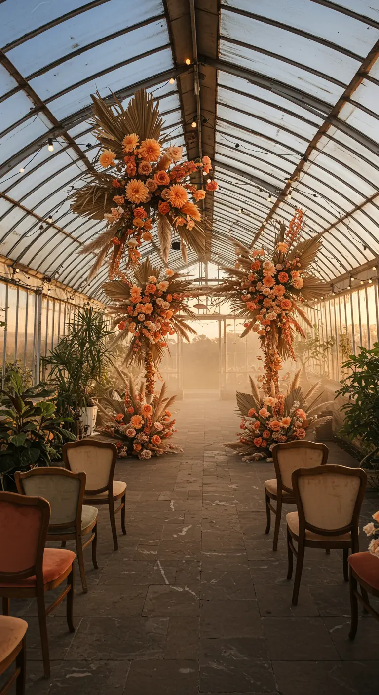 Arche florale aux tons pêche et orangé dans une serre ensoleillée.
