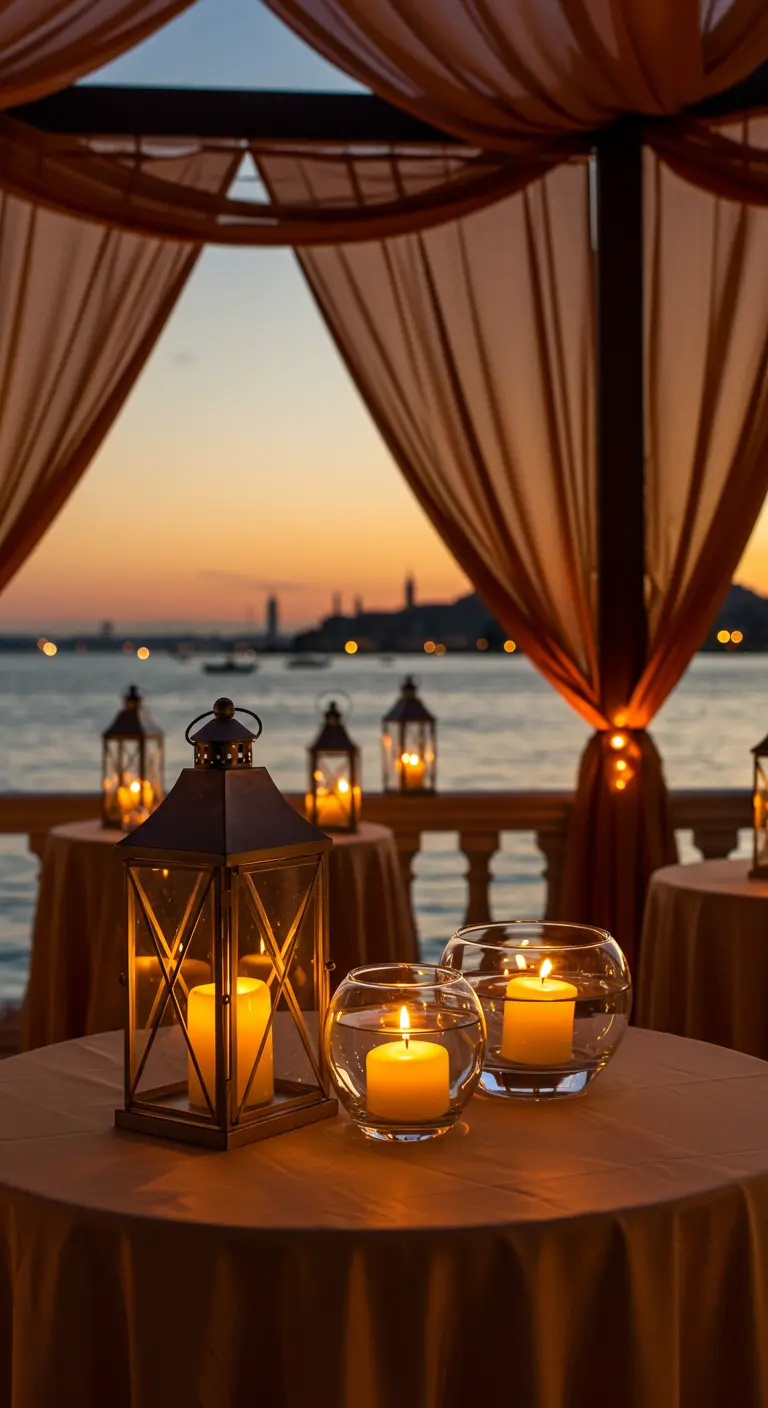 Lanternes et bougies sur une table au crépuscule, avec la mer en arrière-plan.