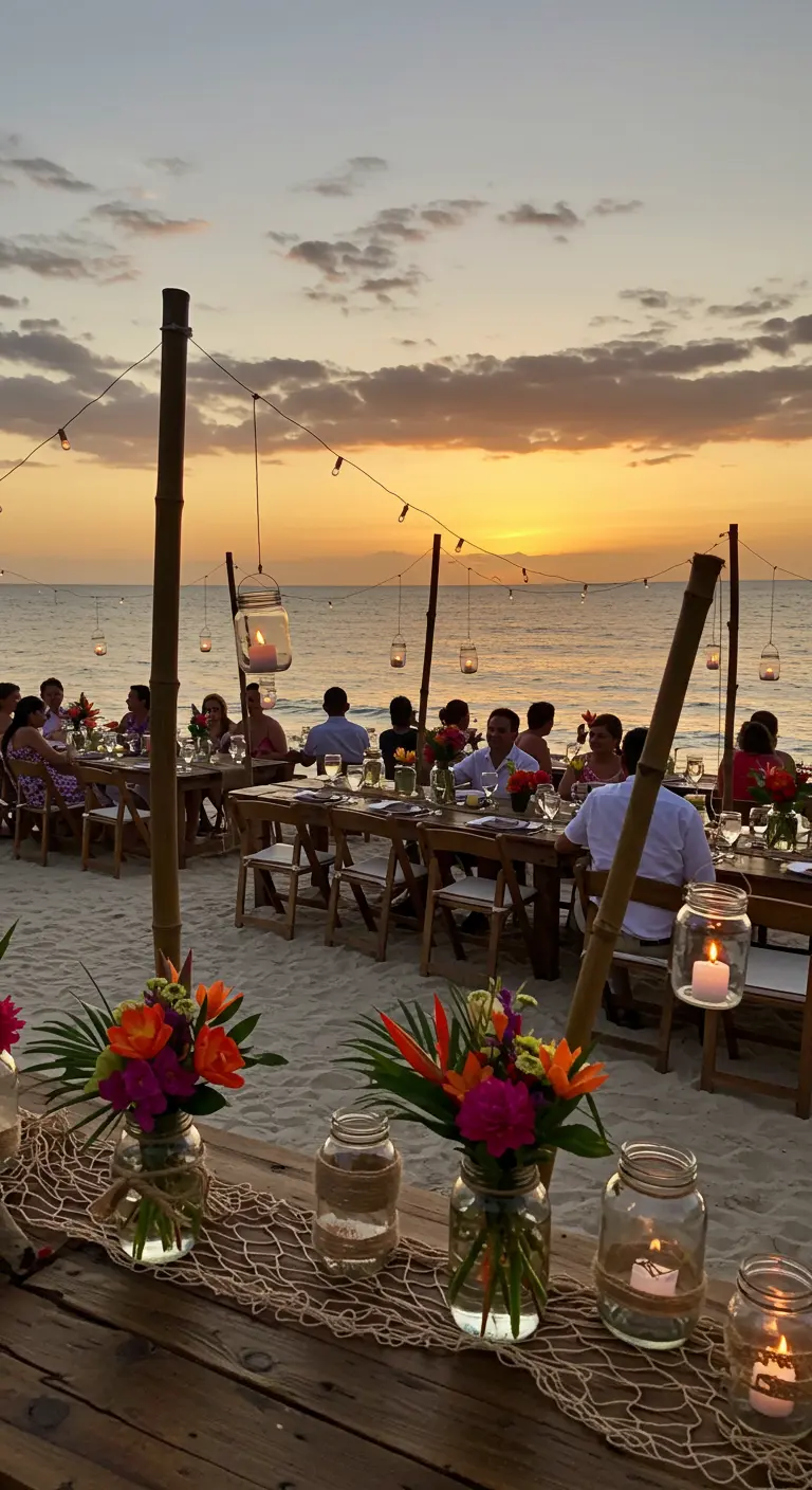 Dîner de mariage sur la plage au coucher du soleil, bocaux lumineux suspendus et fleurs tropicales.