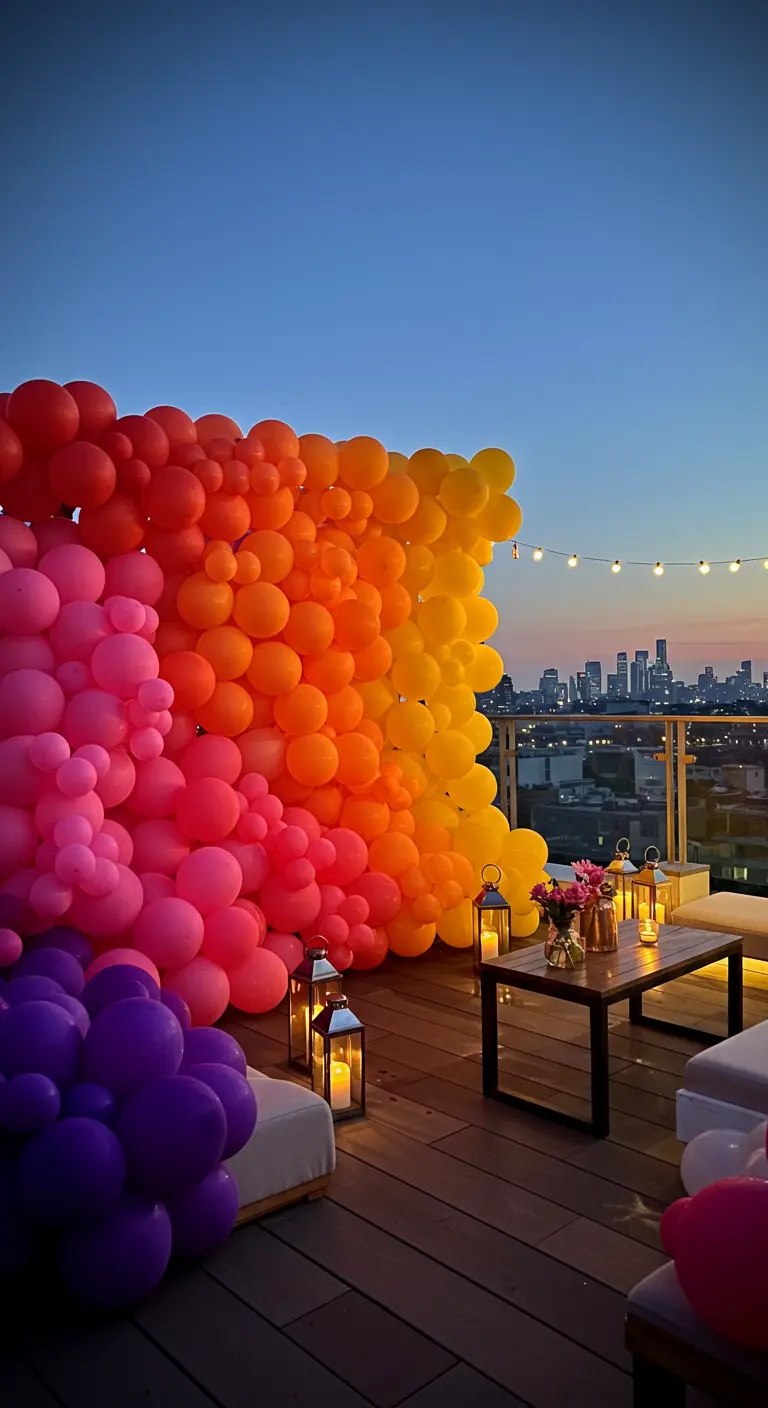 Mur de ballons en dégradé de coucher de soleil sur une terrasse.
