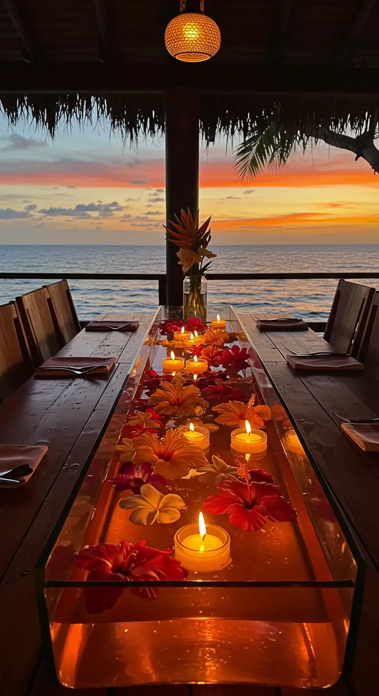Chemin de table aquatique avec fleurs d'hibiscus et bougies au coucher du soleil.