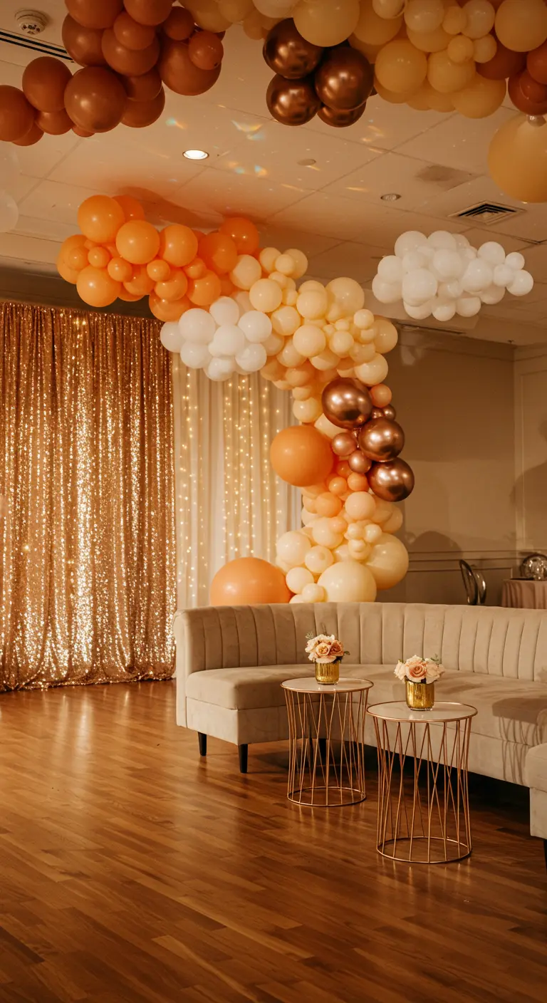 Décor de fête au coucher du soleil avec arche de ballons colorés, rideau pailleté et piscine.